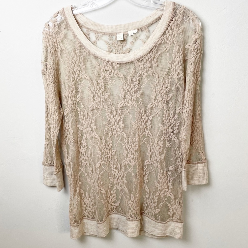 E by Eloise Anthropology Mocha Lace Embroidered Top Size Medium